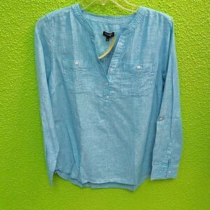 Talbots Blue Blouse with V-Neck and Relaxed Fit
